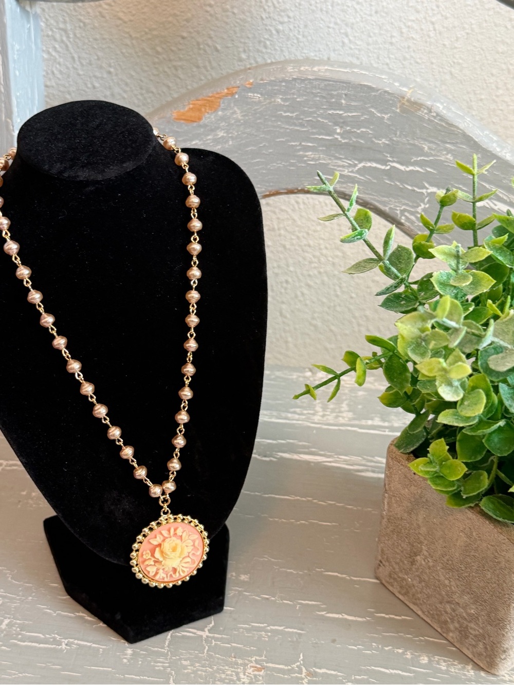Kirks Folly Pink Pearl Bead Necklace with Floral Cameo Pendant